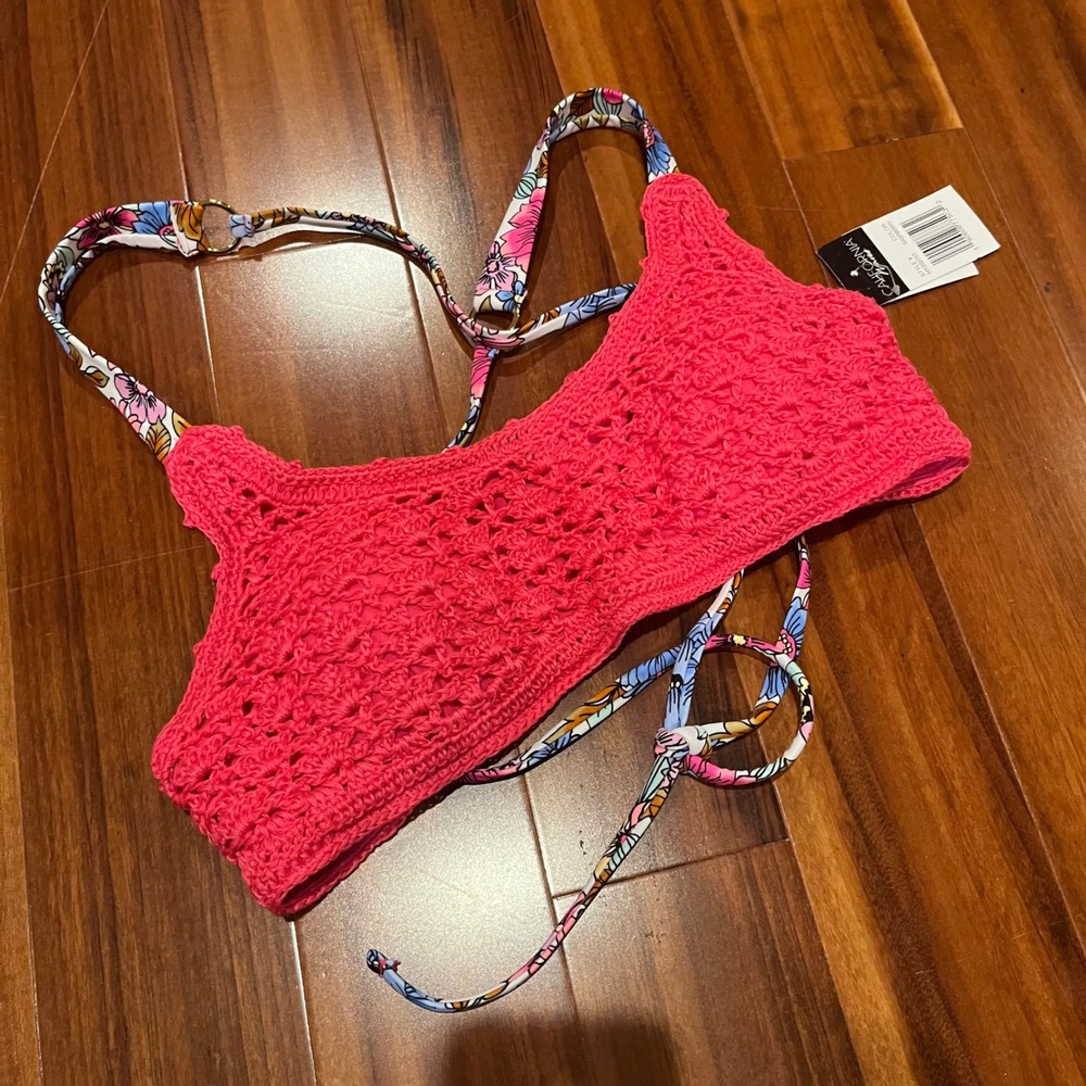 California Waves Crochet Bikini Swim Top Raspberry Pink Floral Tie New Juniors L